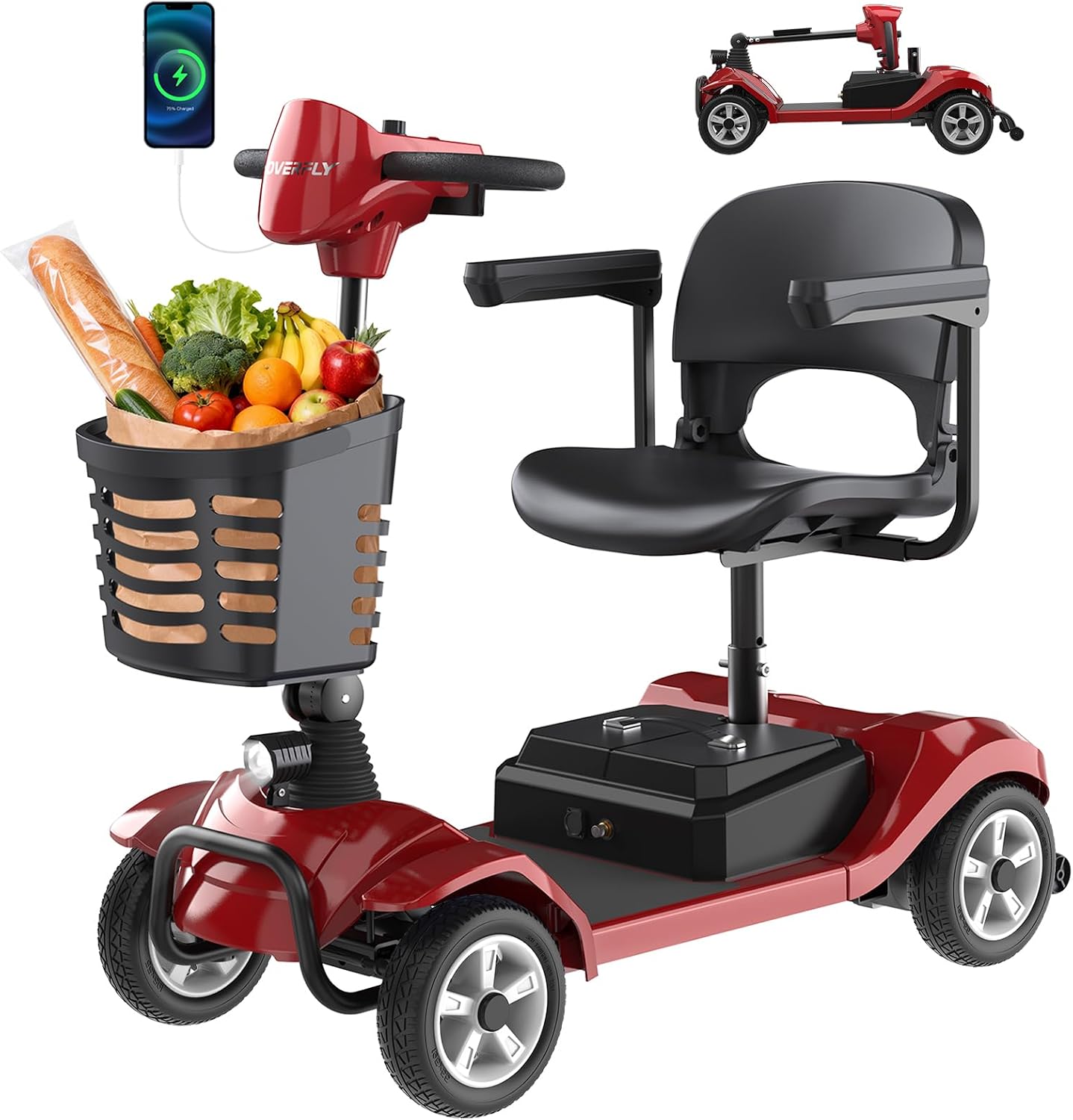 Hoverfly T4 Mobility Scooter for Seniors, Max 12.4-Mile Range & 3.7 mph, 3-Position Seat & Anti-slip Rear Wheel, Removed Battery&Quick Fold Design, Solid 9' Tire &330 lb Capacity, Ease of Assembly Red