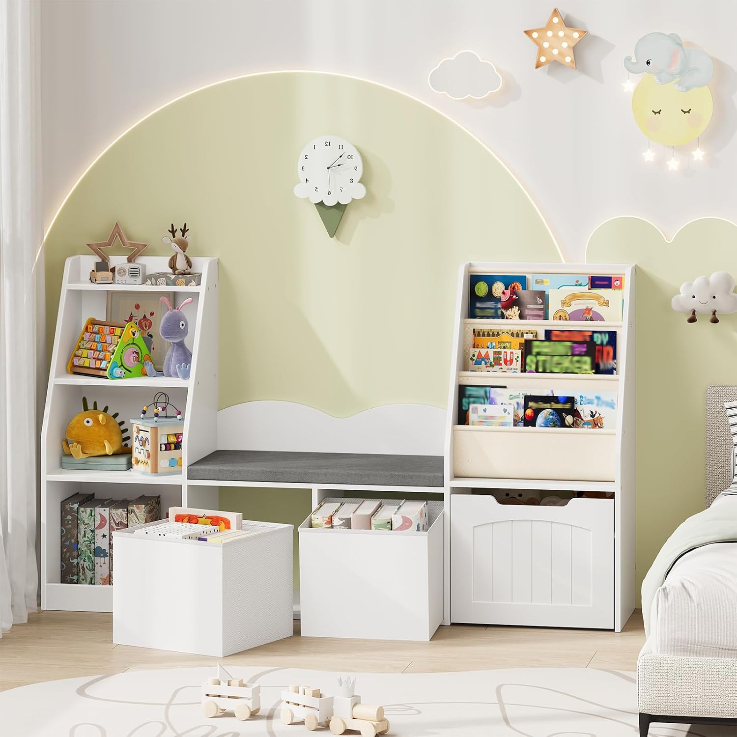 CHOEZON 53.1' Kids Bookshelf with Reading Nook, 4-in-1 Children's Bookcase with Soft Bench, Mobile Drawer & Fabric Bins, Storage Shelves, Bookshelf for Kids, White MCW18WB