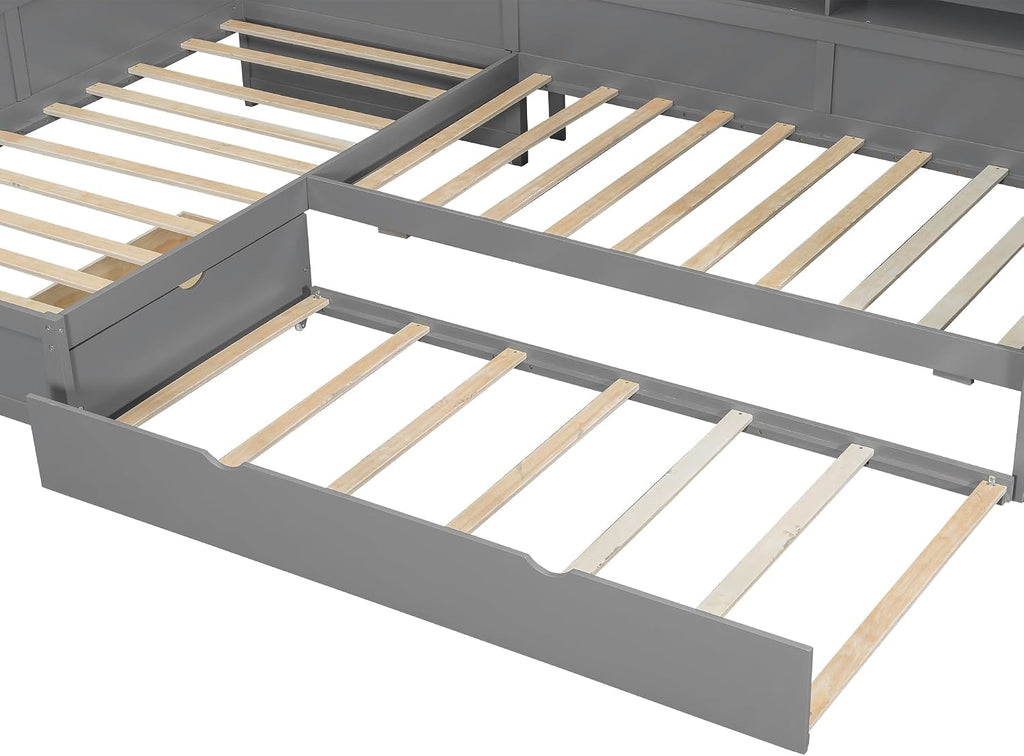 Merax L-Shaped Twin Bed with Trundle for 2-3 People, Wood Corner Platform Bed Frame with 1 Drawer & 5 Storage Shelves & Charging Station for Bedroom Guest Room, No Spring Box Needed (Grey)