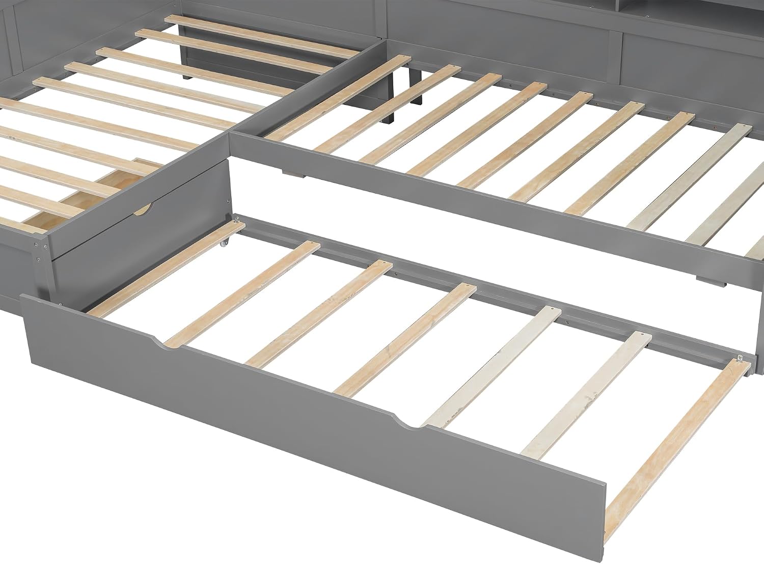 Merax L-Shaped Twin Bed with Trundle for 2-3 People, Wood Corner Platform Bed Frame with 1 Drawer & 5 Storage Shelves & Charging Station for Bedroom Guest Room, No Spring Box Needed (Grey)
