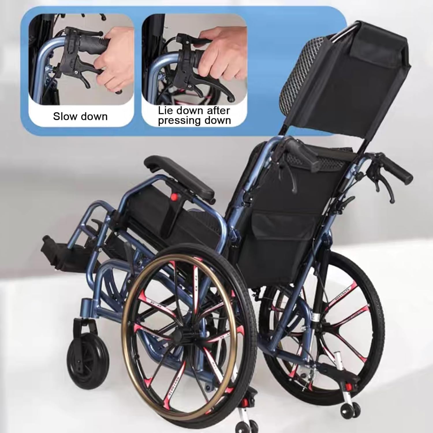 Full Lying Wheelchairs Folding, Lightweight Self Propelled Wheelchair Portable Comfort Wheelchair with Swing Away Footrests and Brakes,Self-propelled Manual Wheelchairs Scooter