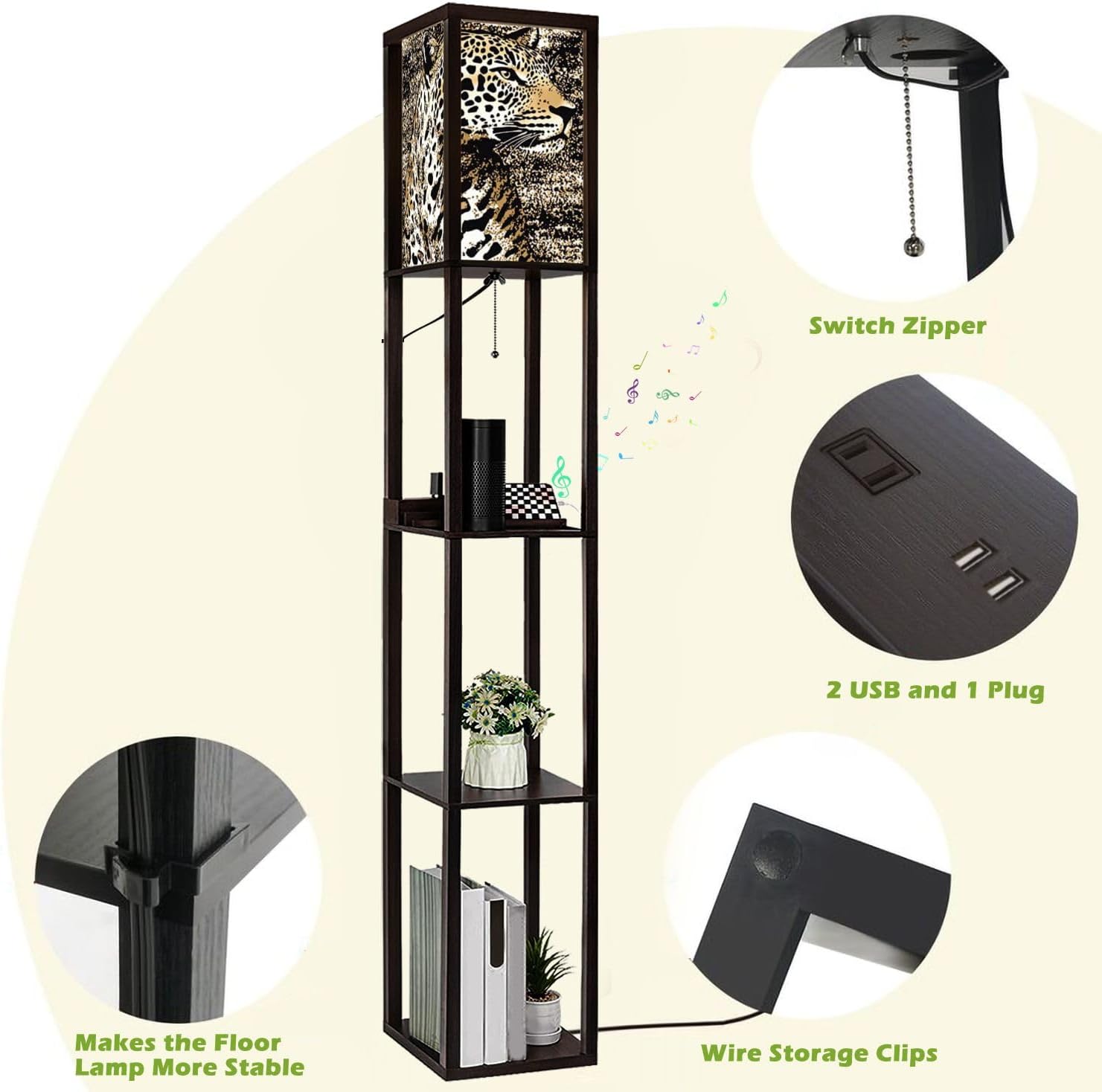 Floor Lamp with Shelves Modern Leopard Animal Zebra Print Leopard Standing Tall Lamp USB Ports & Power Outlet Modern Corner Lamp Nightstand Light for Living Room Bedroom