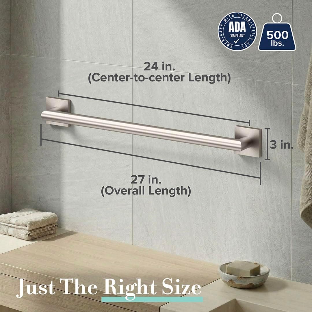 Gatco 662SN Glam Too ADA Compliant 24-Inch Grab Bar, Satin Nickel Wall Mounted Stainless Steel Bathroom Safety Grab Bar, Heavy-Duty Shower & Bathtub Support Handle for Elderly & Handicap Assistance