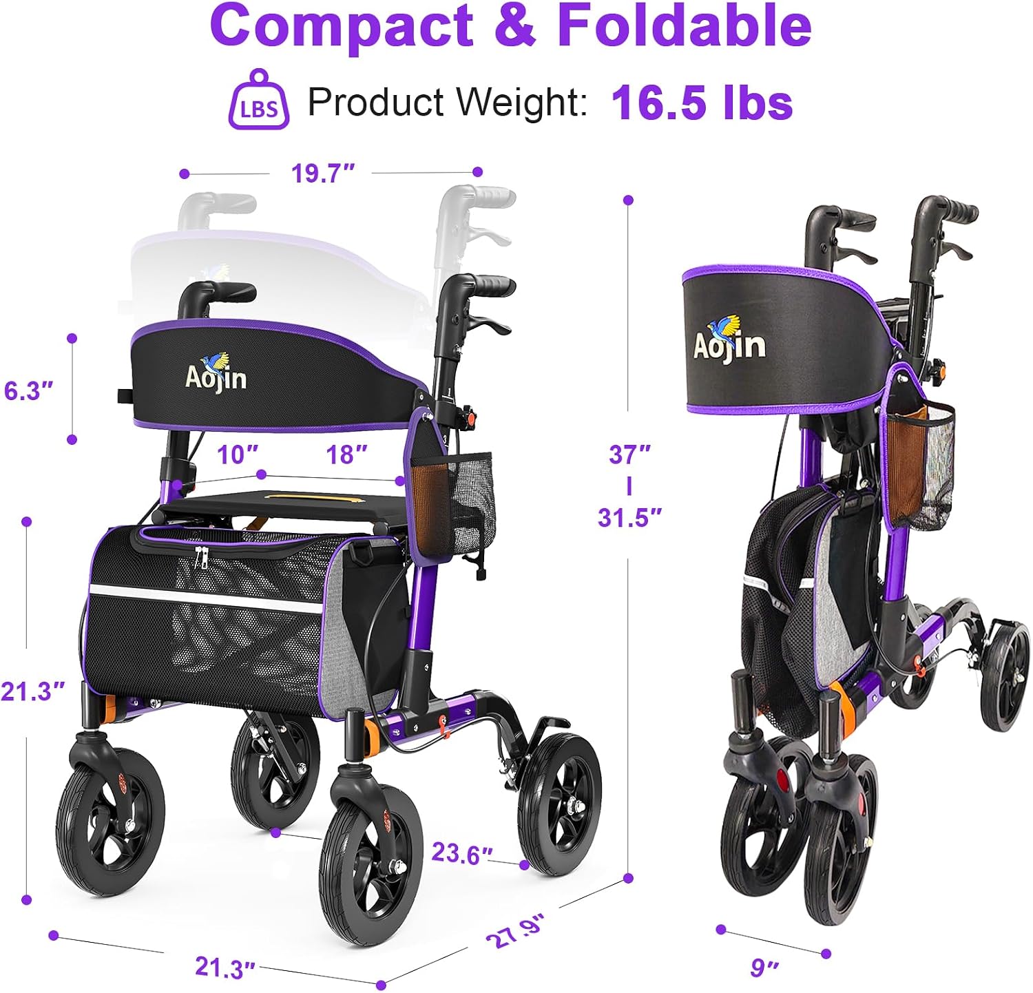 Walkers for Seniors, Rollator Walker with Seat, 350 lb Weight Capacity, 18' Big Seat, 8' All-Terrain Wheels, 6-Level Adjustable Height, Lightweight Aluminum Frame Rollator Walkers for Seniors (Purple)