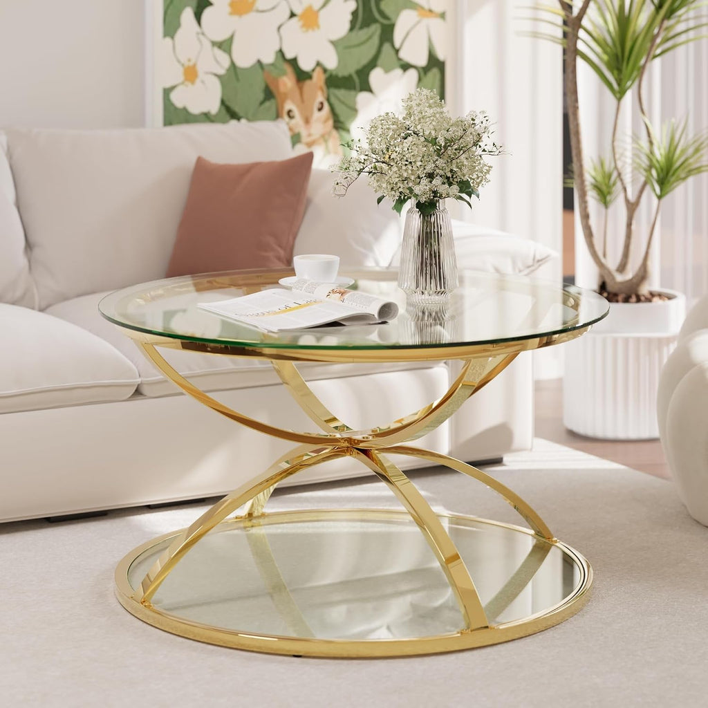 JIJIWANG 2 Tier Glass Round Coffee Table with Metal Frame and Clear Tempered Glass, 31.50'' Center Table with Ring-Shaped Frames for Living Room, Bedroom, Office, Gold