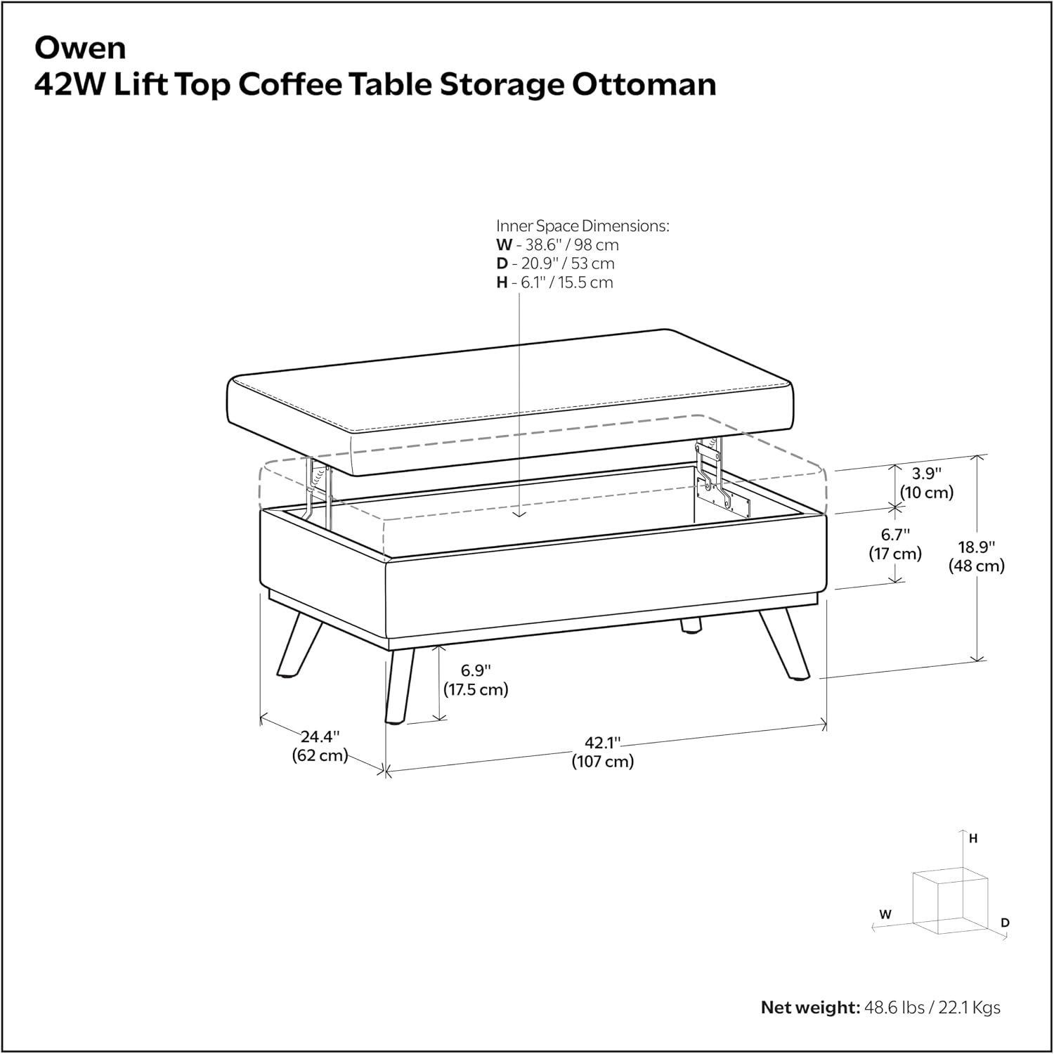 SIMPLIHOME Owen Lift Top Coffee Table Storage Ottoman - 42 inch Wide Upholstered Vegan Leather Rectangular Lift-Top Ottoman in Distressed Smoky Grey Brown, Mid-Century Modern Ottoman for Living Room