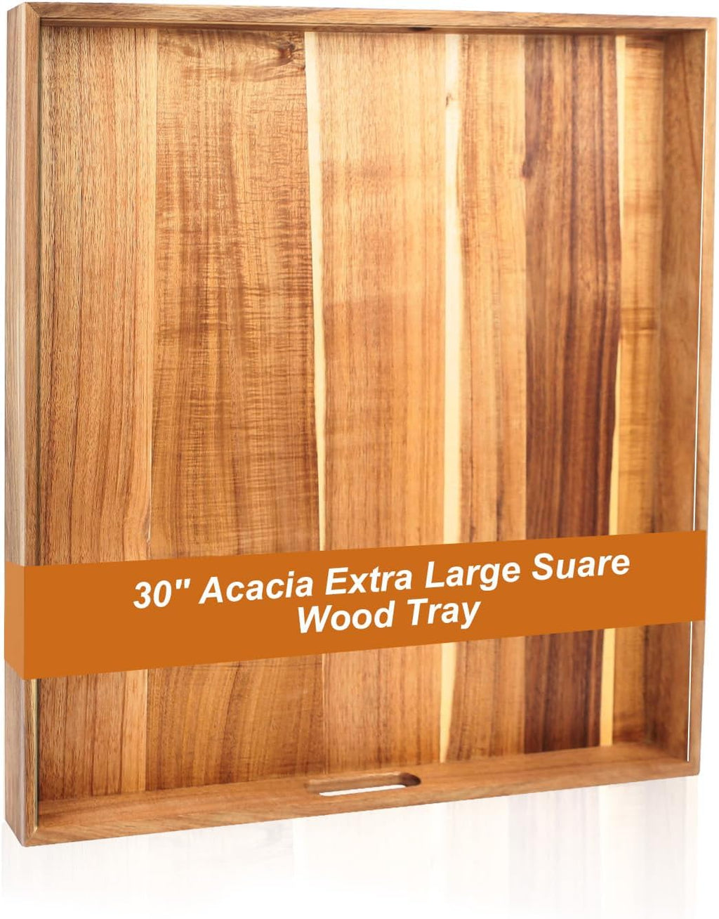 30'' Extra Large Square Wood Tray - Acacia Wood Ottoman Tray with Handles, Rustic Serving Tray for Living Room, Kitchen and Coffee Table, Wooden Trays for Ottoman,Ottoman Table Topper