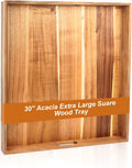30'' Extra Large Square Wood Tray - Acacia Wood Ottoman Tray with Handles, Rustic Serving Tray for Living Room, Kitchen and Coffee Table, Wooden Trays for Ottoman,Ottoman Table Topper