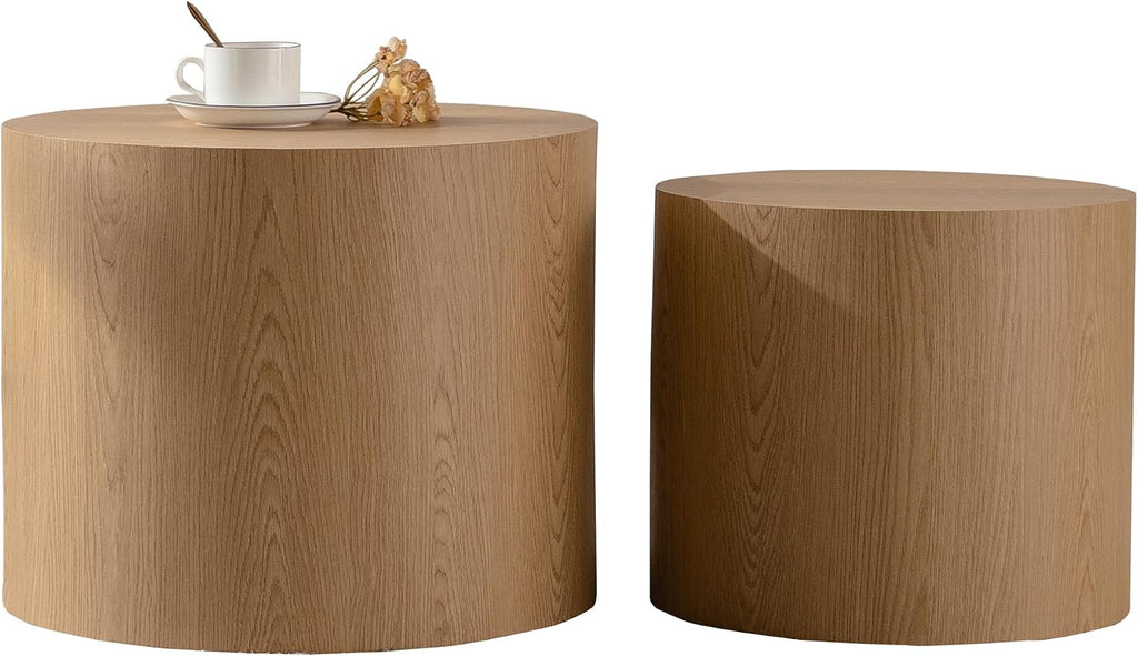 GDFStudio Round Nesting Coffee Table Set of 2, Modern Wooden Accent Side Table, Space Saving Small Circular Tea Coffee Tables and End Tables Sets for Living Room Small Space, No Assembly, Natural Wood