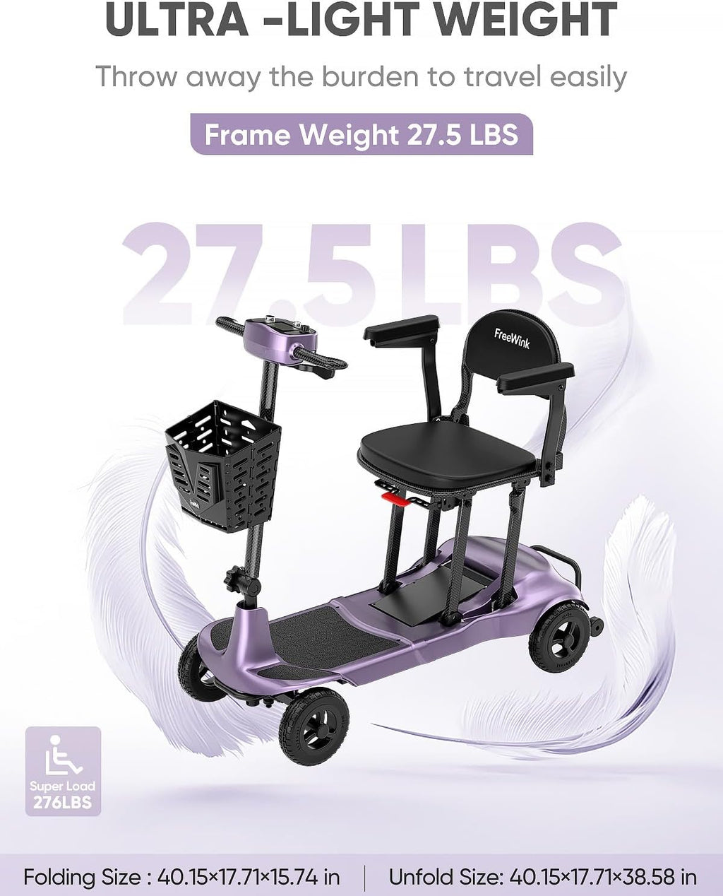 Mobility Scooters for Adults & Seniors - Ultra Lightweight 27.5 lbs Carbon Fiber Folding Electric Scooter - Airlines Approved All-Terrain Portable Scooter with Basket and Charger Included-Purple