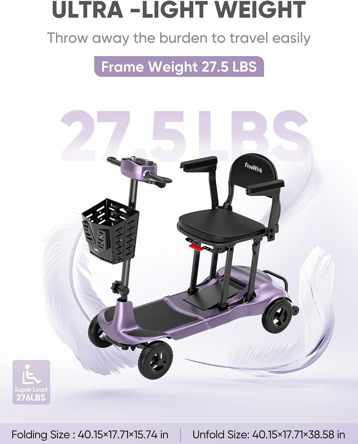 Mobility Scooters for Adults & Seniors - Ultra Lightweight 27.5 lbs Carbon Fiber Folding Electric Scooter - Airlines Approved All-Terrain Portable Scooter with Basket and Charger Included-Purple