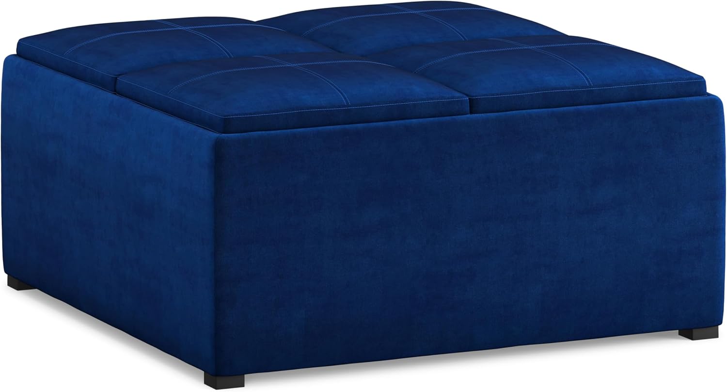 SIMPLIHOME Avalon Wide Contemporary Square Coffee Table Storage Ottoman, Blue, Table Ottoman