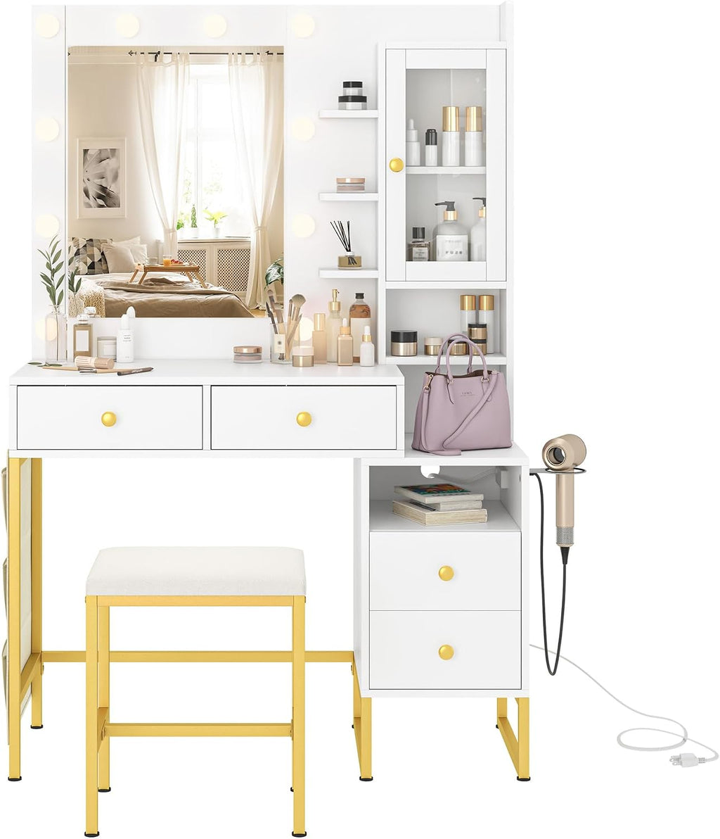 NUNU LAB Morden Makeup Vanity Desk with Mirror, Bedroom Dressing Table Set with Storage Shelf and 5 Drawers, Large Vanity Table with 10 LED Lights for Women, Girls, Teens