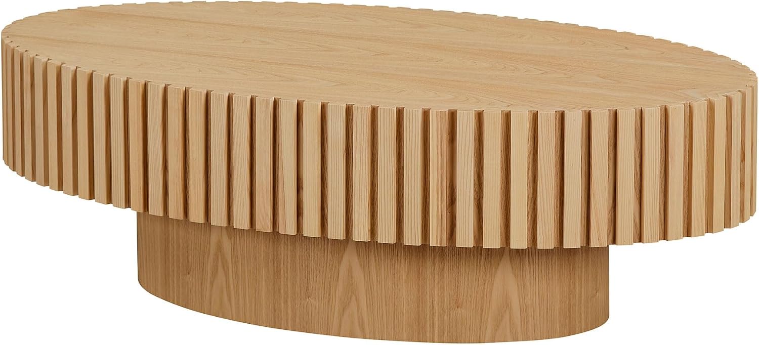 JUSTONE 43.31 Inch Oval Coffee Table, Farmhouse Wood Farmhouse Style with Handcrafted Relief & Circle Drum Design for Living Room & Apartments, 43.31x13.78 Inches (Oak)