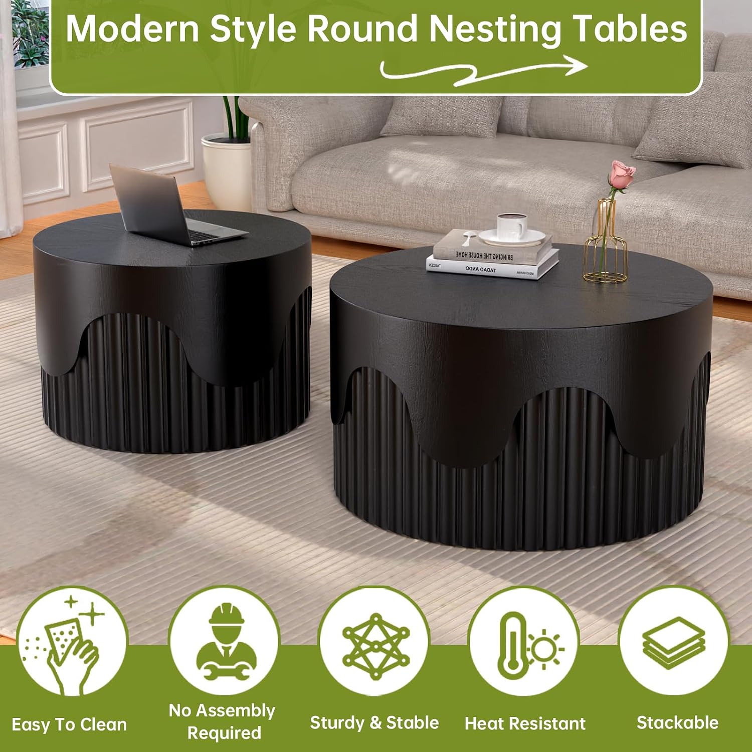 Round Nesting Coffee Table Modern Black Fluted Coffee Table Set of 2 Stripe Round Coffee Tables Drum Crescent Side Table Accent End Table for Living Room (Black C Large)