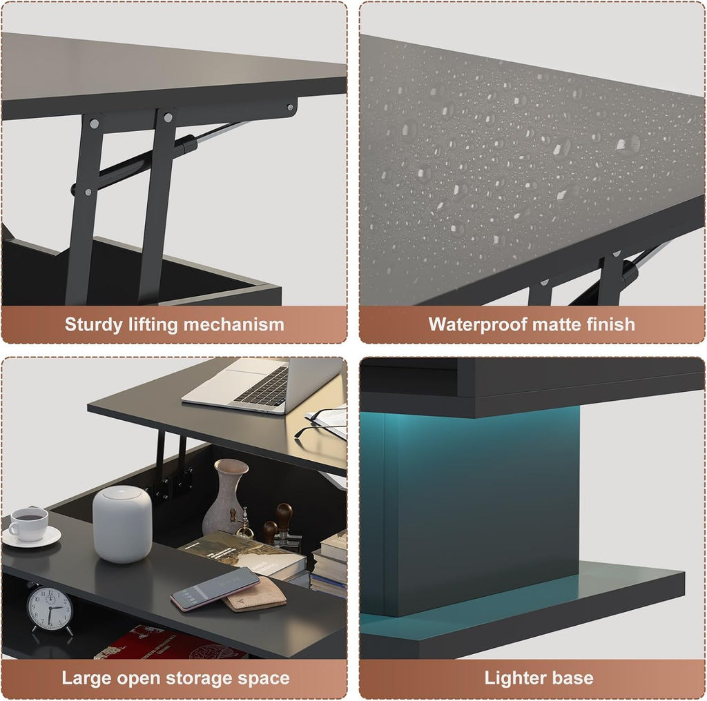 Square Lift Top Coffee Table with Storage, Black Led Coffee Table for Living Room with Large Hidden Storage, 30.7' Wood Table Led Center Table for Dining Reception Room