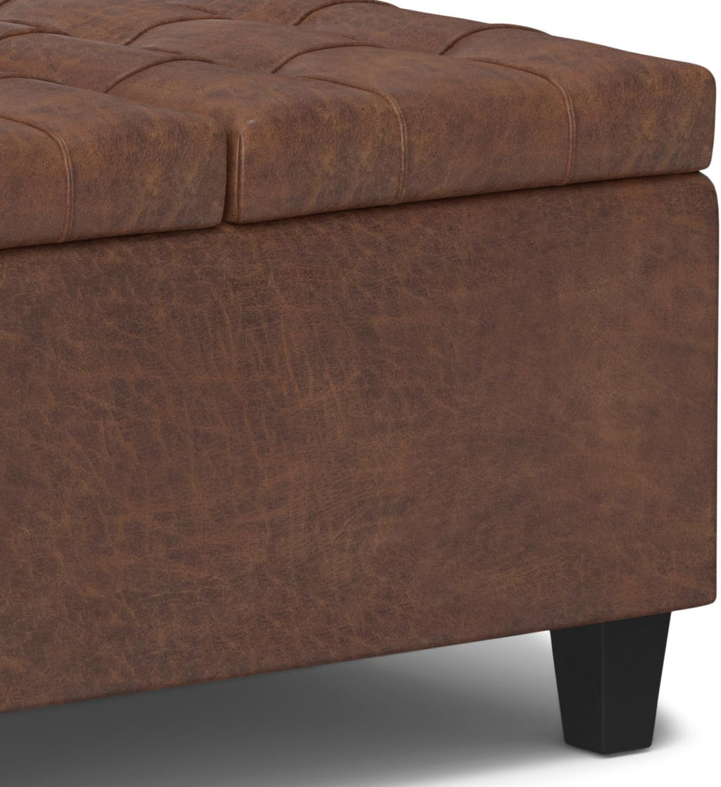 SIMPLIHOME Harrison Small Coffee Table Storage Ottoman - 30 inch Wide Upholstered Vegan Leather Square Lift-Top Ottoman in Distressed Saddle Brown, Transitional Ottoman for Living Room with Storage