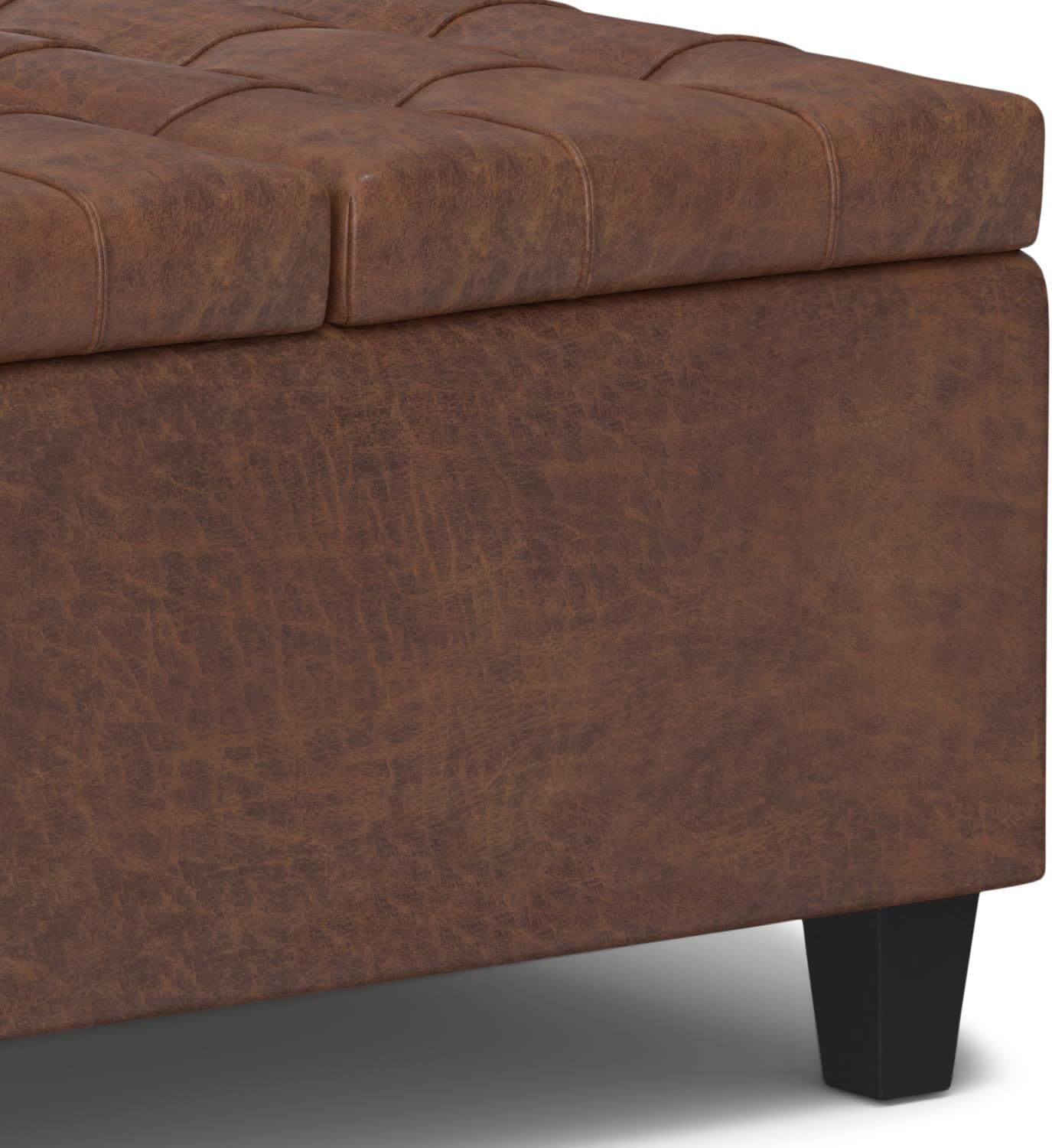 SIMPLIHOME Harrison Small Coffee Table Storage Ottoman - 30 inch Wide Upholstered Vegan Leather Square Lift-Top Ottoman in Distressed Saddle Brown, Transitional Ottoman for Living Room with Storage