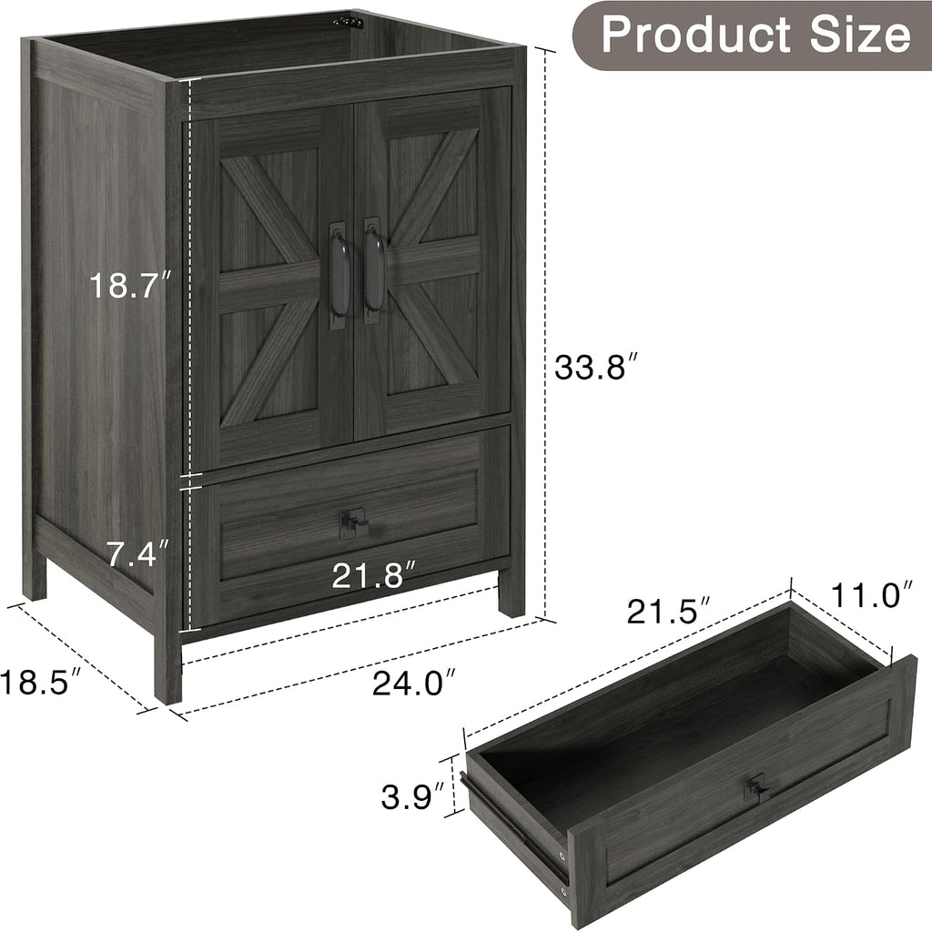 KIGOTY 24 Inch Farmhouse Bathroom Vanity Without Sink, Wooden Bathroom Storage Cabinet Without Countertop, Freestanding Bathroom Cabinet with 2 Doors and 1 Drawer (Grey, 24 INCH Without Sink)