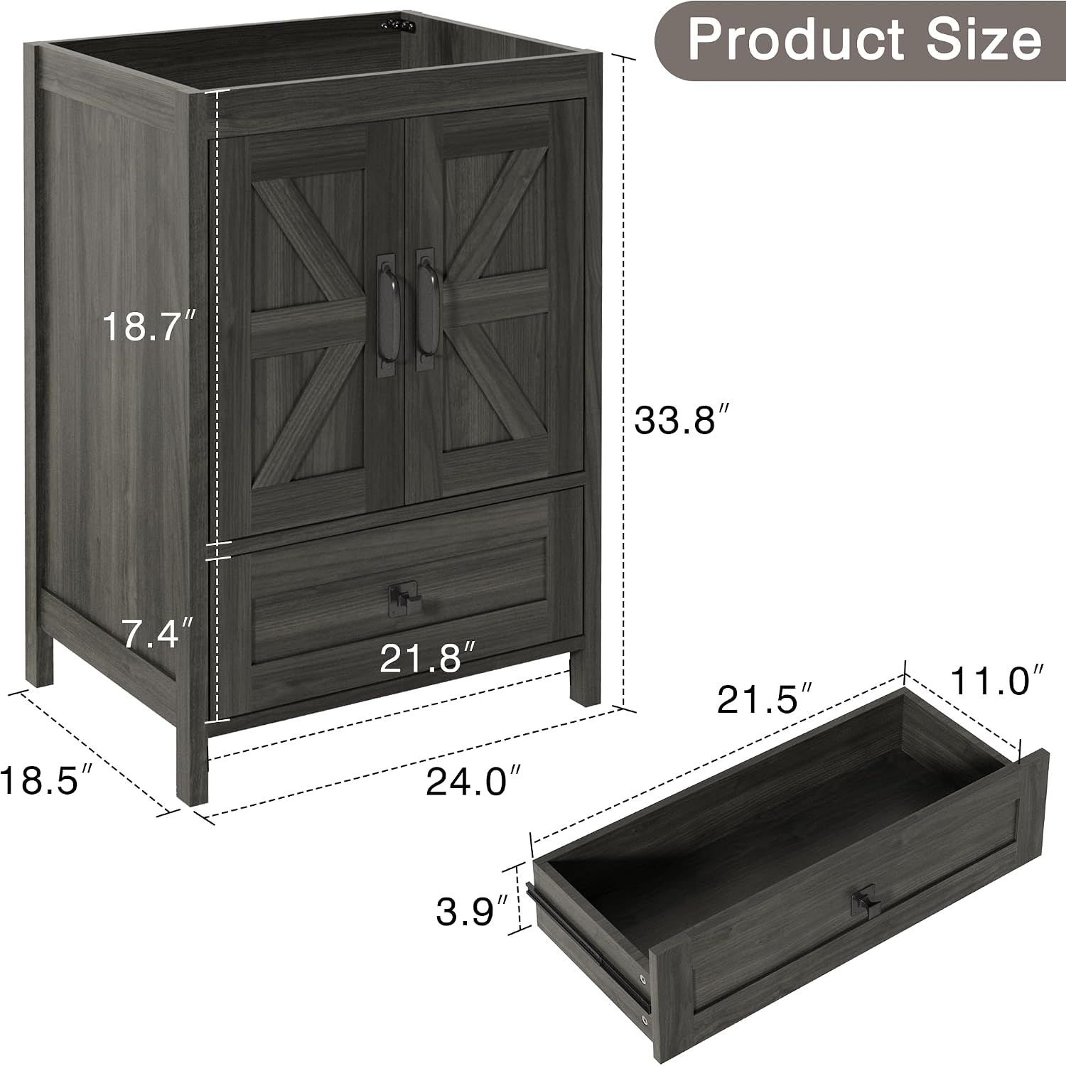 KIGOTY 24 Inch Farmhouse Bathroom Vanity Without Sink, Wooden Bathroom Storage Cabinet Without Countertop, Freestanding Bathroom Cabinet with 2 Doors and 1 Drawer (Grey, 24 INCH Without Sink)