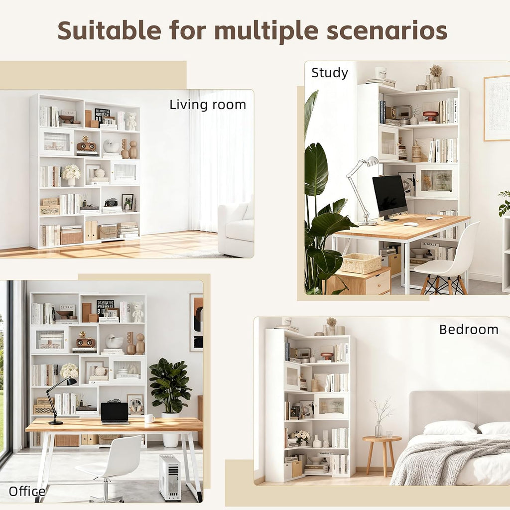 2-in-1 Expandable Bookshelf, Adjustable Width Bookcase with Sliding Doors, Freestanding Corner or Standard Shelf Organizer, Tall Storage Display Unit for Living Room, Bedroom, Office