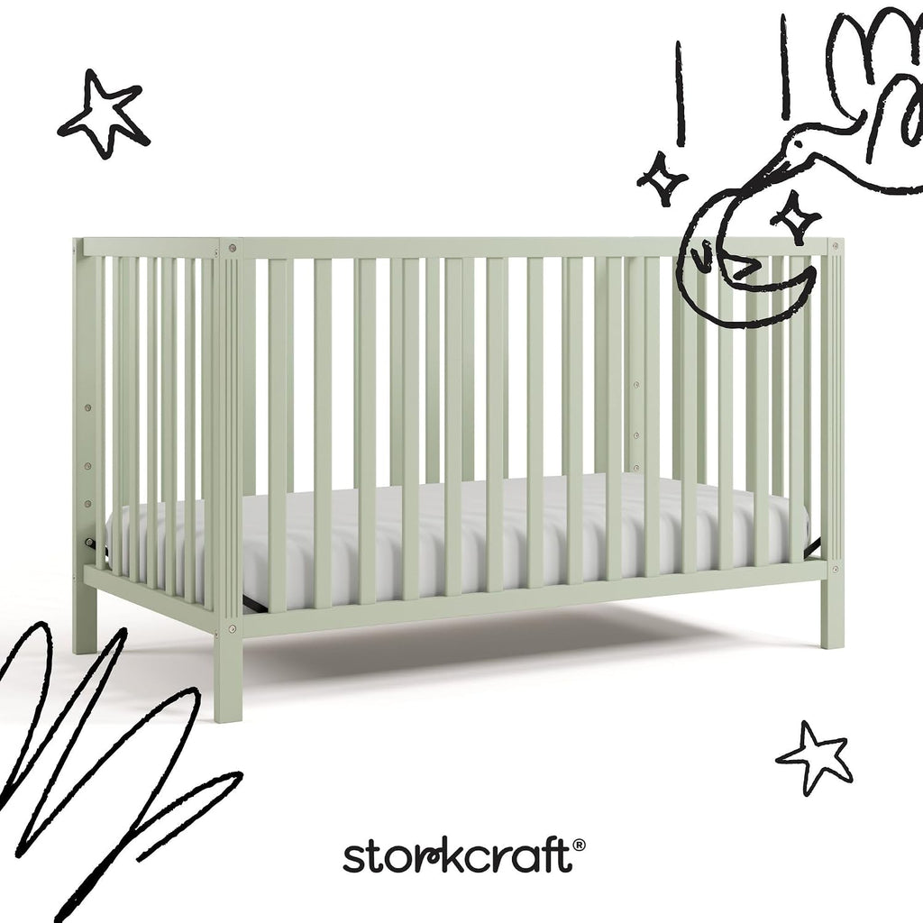 Storkcraft Morningside 5-in-1 Convertible Crib – GREENGUARD Gold Certified, Fits Standard Crib Mattress, Converts to Toddler Bed, Daybed and Full Bed, 4 Adjustable Mattress Heights (Sage)