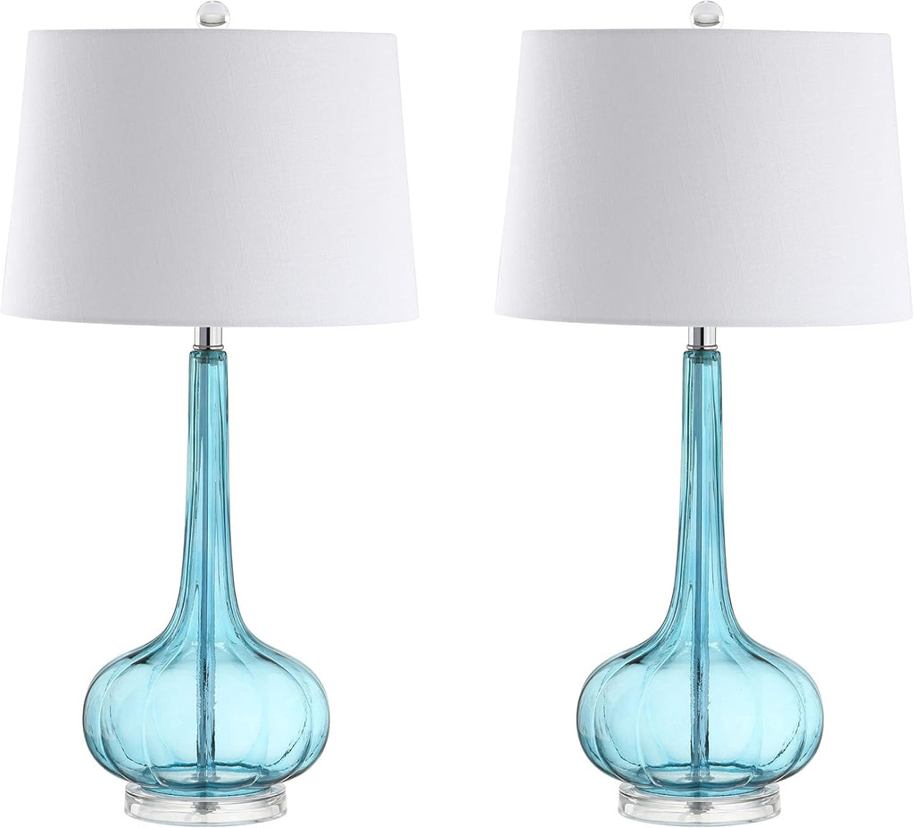 JONATHAN Y 28.5' Aqua Glass Teardrop LED Table Lamp Set of 2 for Living Room Bedroom Nightstand, White Linen Shade Modern Transitional Bedside Desk Lamp (JYL1079B-SET2)