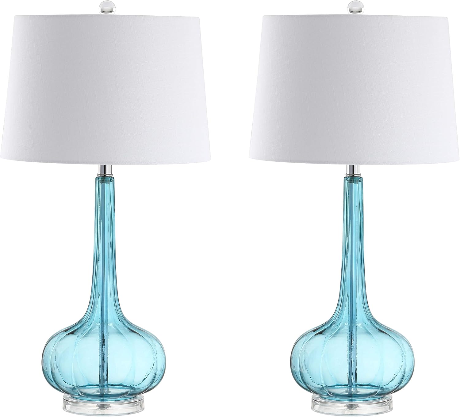 JONATHAN Y 28.5' Aqua Glass Teardrop LED Table Lamp Set of 2 for Living Room Bedroom Nightstand, White Linen Shade Modern Transitional Bedside Desk Lamp (JYL1079B-SET2)