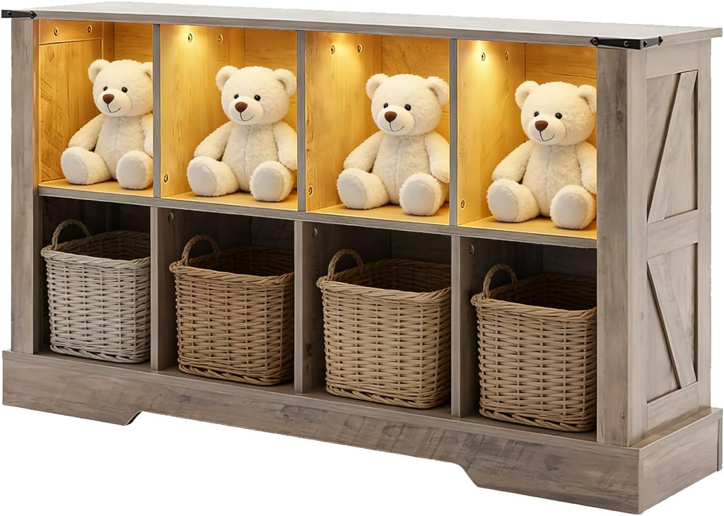 8 Cube Bookcase, Wooden Cube Storage Organizer Shelf, Grey Horizontal Book Shelf with LED Lights, Freestanding Display Cabinet for Living Room, Bedroom, Home Office