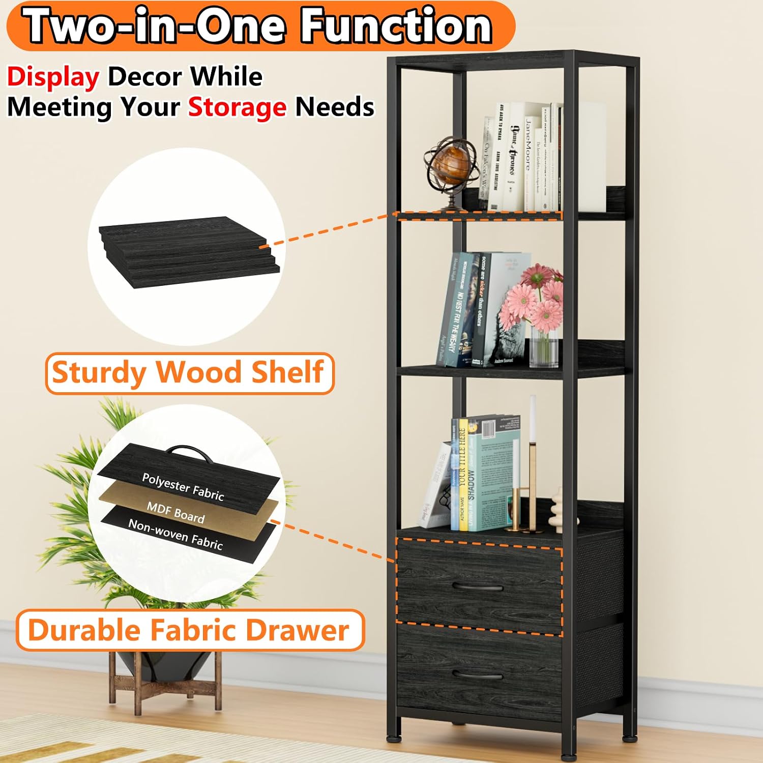 Furnulem Black Dresser with 5 Drawers, Vertical Storage Tower Fabric Dresser for Bedroom, 4-Tier Corner Shelf, Bookshelf with 2 Storage Drawers, 57.28'Tall Narrow Bookcase