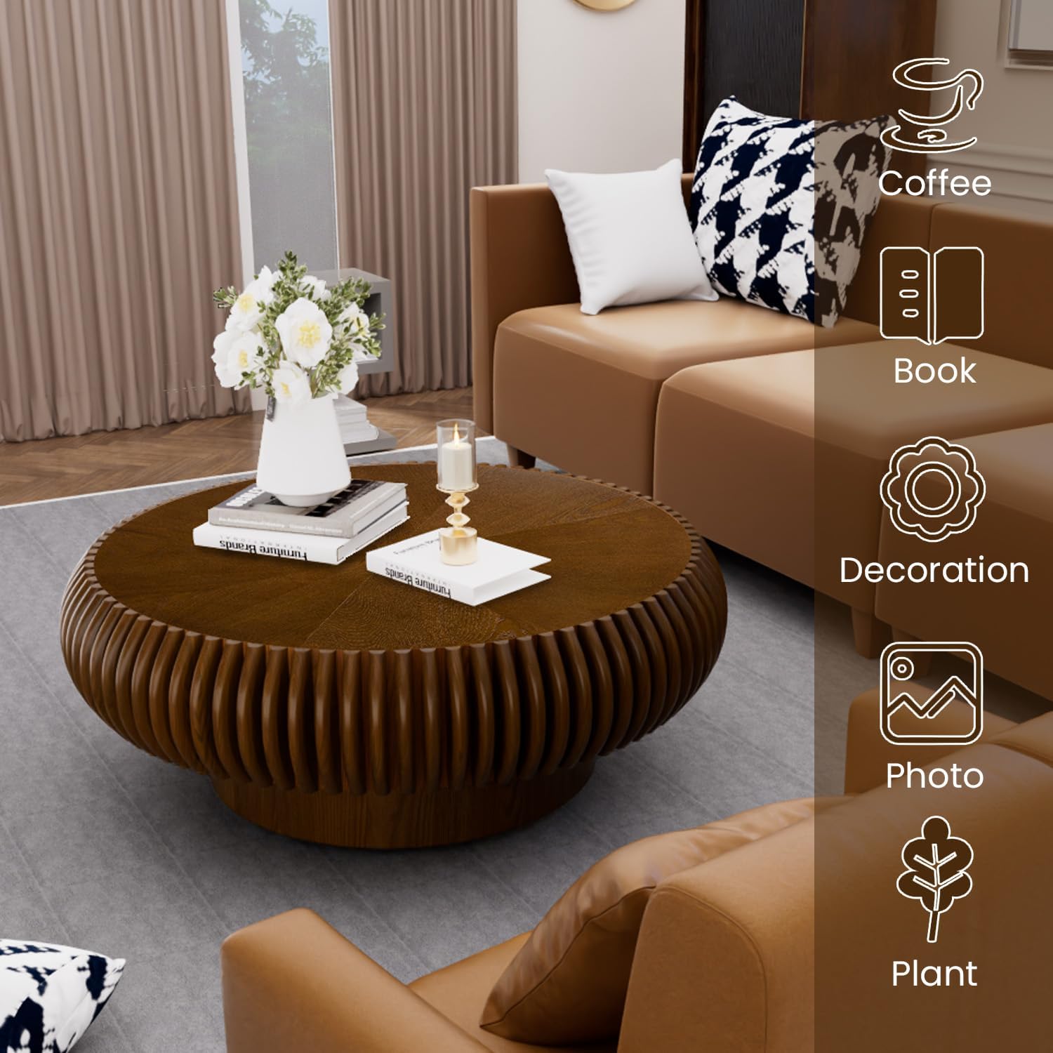 31.5' Drum Coffee Table Modern Unique Fluted Tea Table Contemporary Wood Round Coffee Table with Fluted Centry Table for Living Room Walnut (31.5' Walnut)