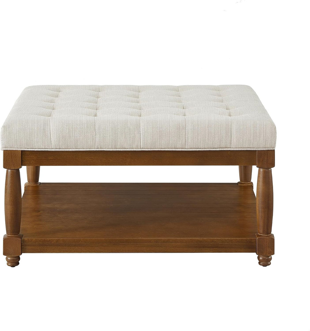GDFStudio Large Square Upholstered Tufted Linen Ottoman Coffee Table with Solid Wood Frame and Open Storage Shelf, Nailhead Trim Accent Footrest for Living Room, Ivory