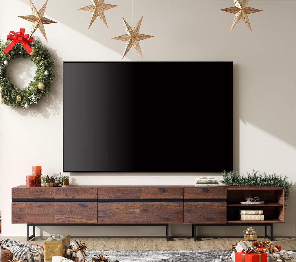 WAMPAT Modern TV Stand and Coffee Table Set of 2, Storage Entertainment Center for TVs Up to 100 inch, Square Center Table with Tempered Glass and Storage Drawers for Living Room, Brown