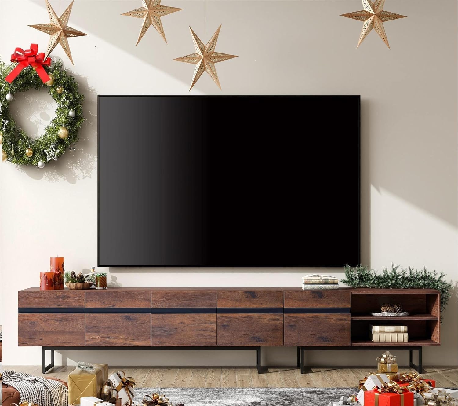 WAMPAT Modern TV Stand and Coffee Table Set of 2, Storage Entertainment Center for TVs Up to 100 inch, Square Center Table with Tempered Glass and Storage Drawers for Living Room, Brown