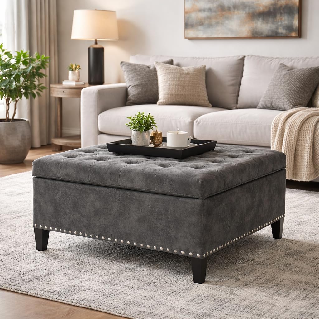 Homebeez Storage Ottoman Bench for Living Room, Tufted Square Coffee Table Footstool Footrest with Wood Legs (Grey)
