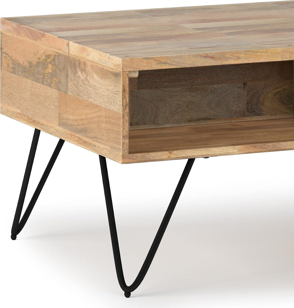 SIMPLIHOME Hunter Small Lift Top Coffee Table - 36 inch Wide Solid Mango Wood and Metal Industrial Cocktail Table in Natural, Living Room Table with Hidden Storage, 2 Cubbies, and Hairpin Legs