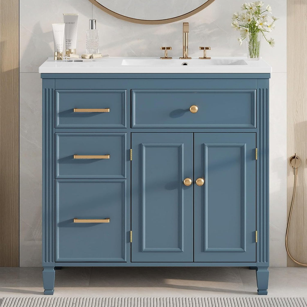 36' Bathroom Vanity with Ceramic Sink Set Combo, Tip-Out Drawer, Storage Cabinet Organizer with 2 Doors and Adjustable Shelf, Gray Blue