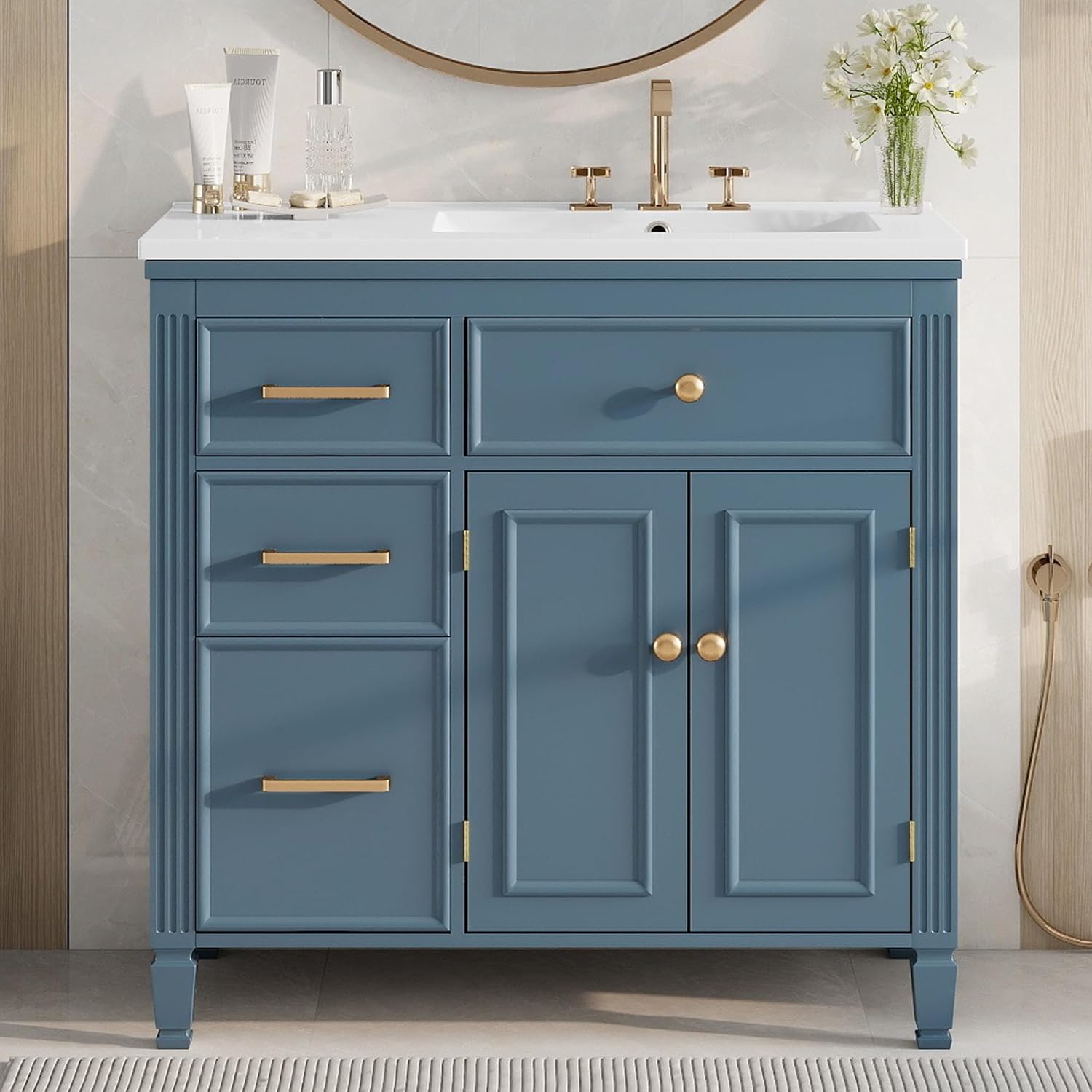 36' Bathroom Vanity with Ceramic Sink Set Combo, Tip-Out Drawer, Storage Cabinet Organizer with 2 Doors and Adjustable Shelf, Gray Blue