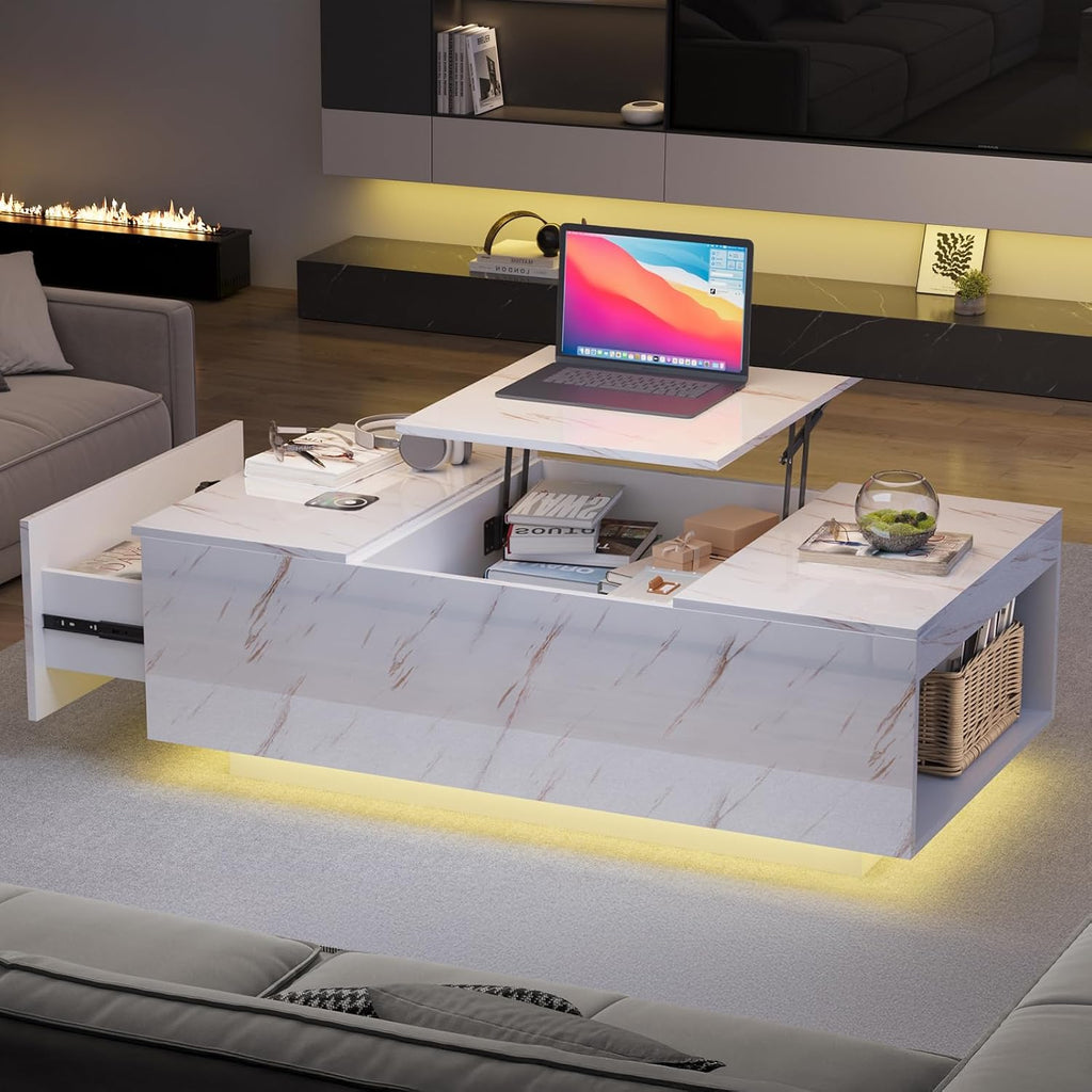 LED Coffee Table, 47.2' Lift Top Coffee Tables with Drawers and Large Storage, Smart Living Room Table with Wireless Charging & Bluetooth Speaker, Dining Center Tables with Storage Shelf, White