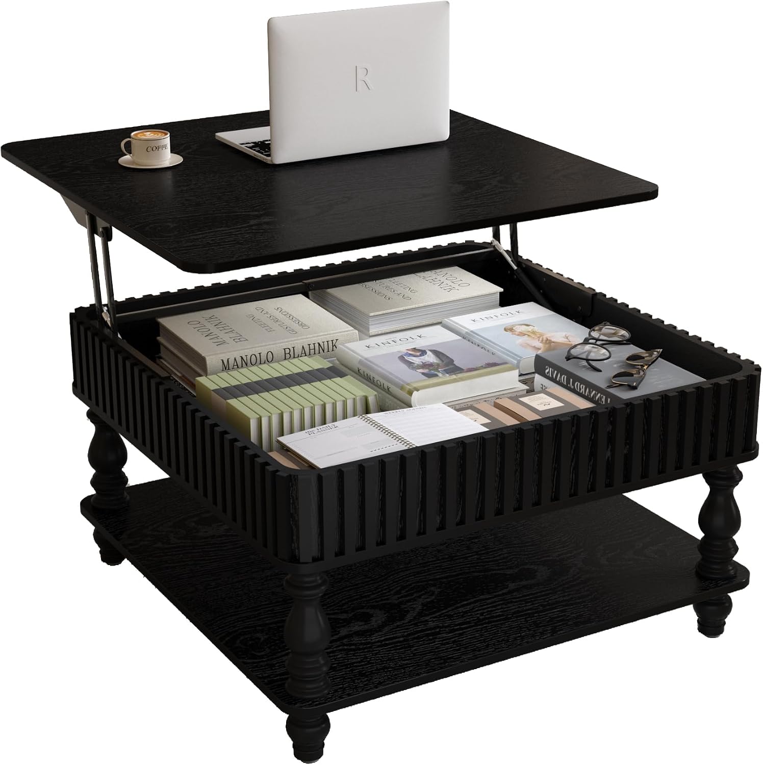 HARR Lift Top Square Coffee Table with Storage, 31.5'' Sofa Side End Table, Fluted Design Hydraulic Raising Mechanism, Hidden Compartment & Open Shelf, Retro Solid Wood Legs for Living Room, Black