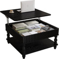 31.50' Square Fluted Lift-Top Coffee Table with Hidden & Open Storage, Modern Center Table with Hydraulic Raising Mechanism, Retro Tea Table with Solid Wood Legs for Living Room Apartment, Black
