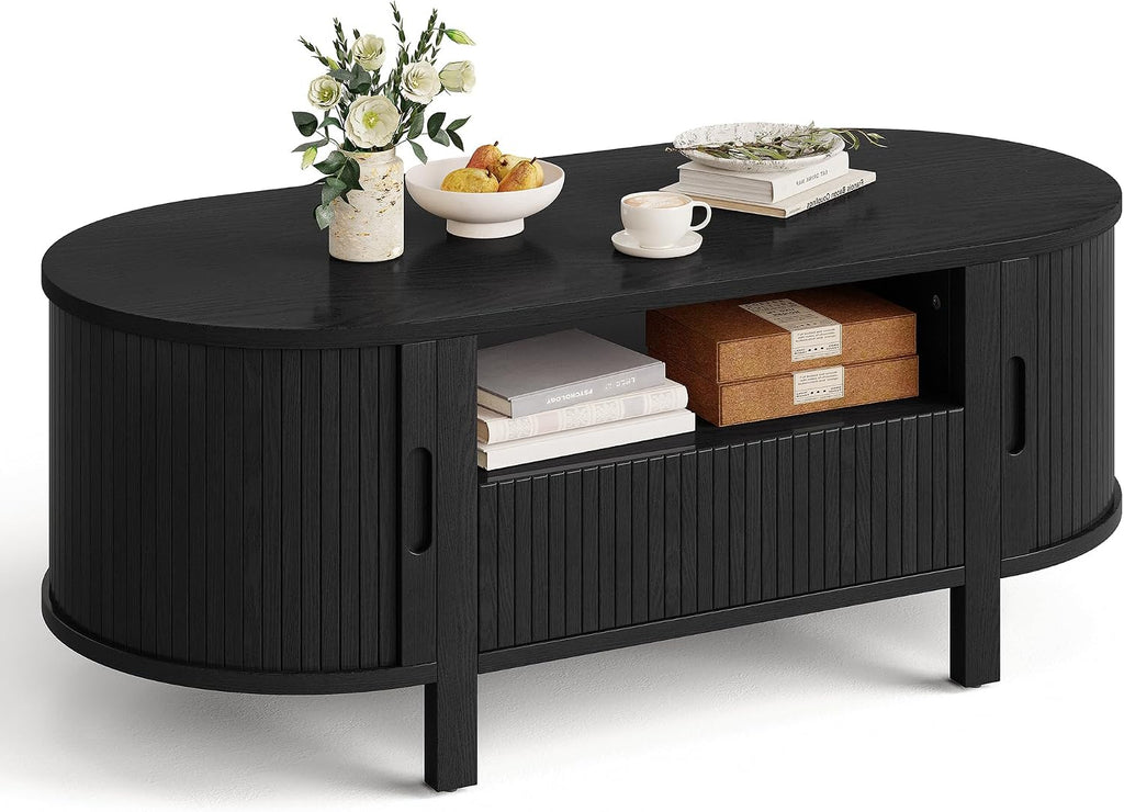 ComfyCorner 47' Oval Coffee Table, Tambour Design Coffee Tables for Living Room, Mid Century Modern Wood Coffee Table, 3-Tier Accent Center Table with Storage, Large Drawer, Black