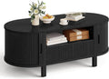 ComfyCorner 47' Oval Coffee Table, Tambour Design Coffee Tables for Living Room, Mid Century Modern Wood Coffee Table, 3-Tier Accent Center Table with Storage, Large Drawer, Black