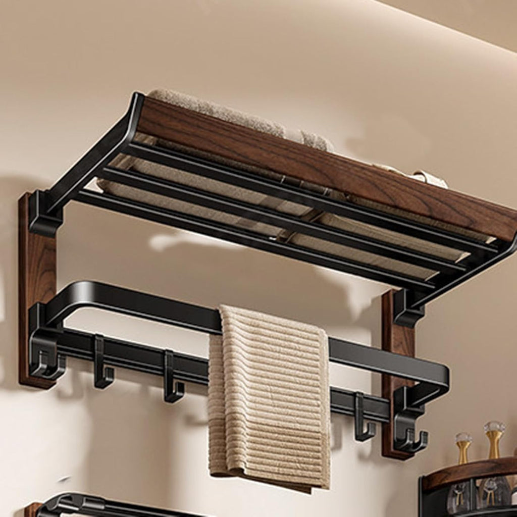 Towel Rack,Space Aluminum+Solid Wood Double Layer Bar Wall Mounted,with Double Foldable Shelf,Mesh Basket and Hooks,for Bedroom Bathroom Kitchen(20.3x25.4x50cm)