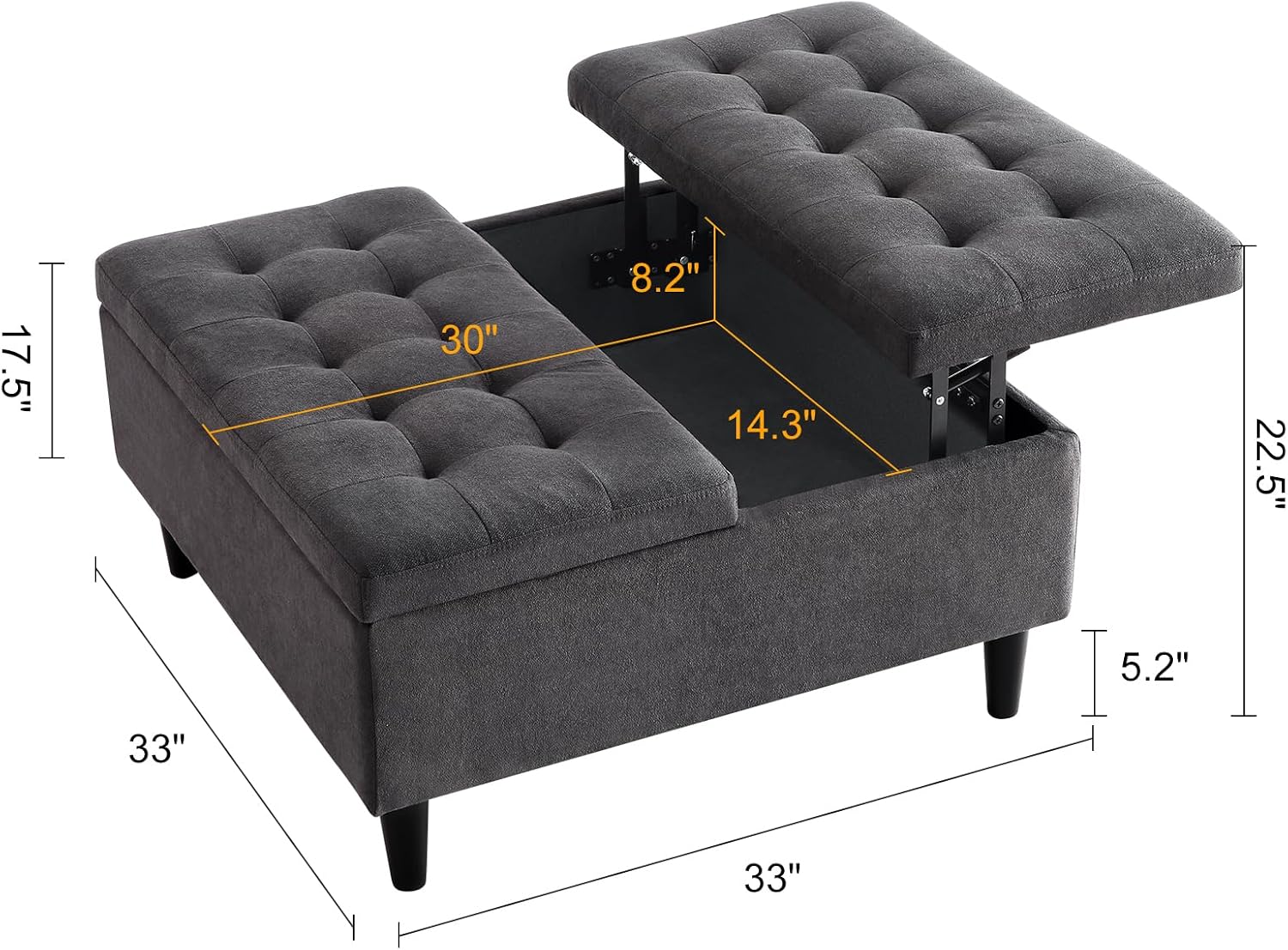 GAOMON 33' Square Coffee Table Lift Top Ottoman in Upholstered, Tufted Ottoman With Storage, Oversized Toy Box for Living Room