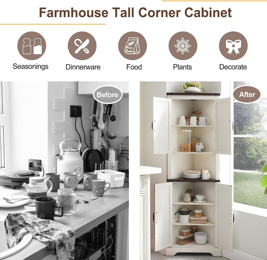 Minifeel Tall Farmhouse Corner Cabinet with 4 Doors and Adjustable Shelves, Farmhouse Storage Cabinet with Barn Door Design, Home Space Saver for Living Room, Kitchen, Laundry Room (Antique White)