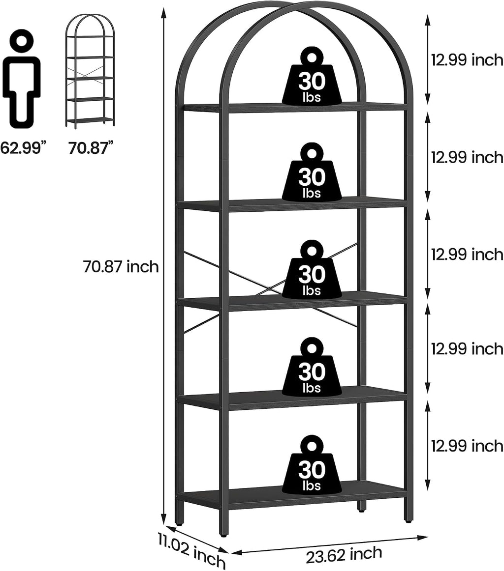 Takywep Bookshelf, Arched Bookcase with Metal Frame 5 Tiers Bookshelf Industrial Arched Cabinet Display Shelf Floorstanding Storage Shelving Unit for Bedroom, Living Room and Home Office, Black