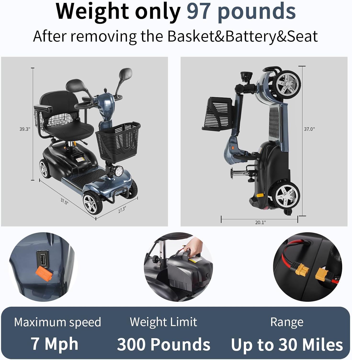 Mobility Scooter for Seniors/Adults, up to 300lbs Capacity, 4 Wheels Mobility Scooters with 15 Miles 350W 5/7MPH, Electric Wheelchair, Adjustable Seat with Rear Mirror