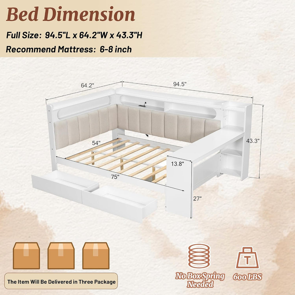 Full Size Corner Bed Frame, Full Size Daybed with Storage Shelves & Storage Drawers, Wood Corner Bed with Charging Station & LED Light, Desk & Upholstered Headboard and Backrest, White