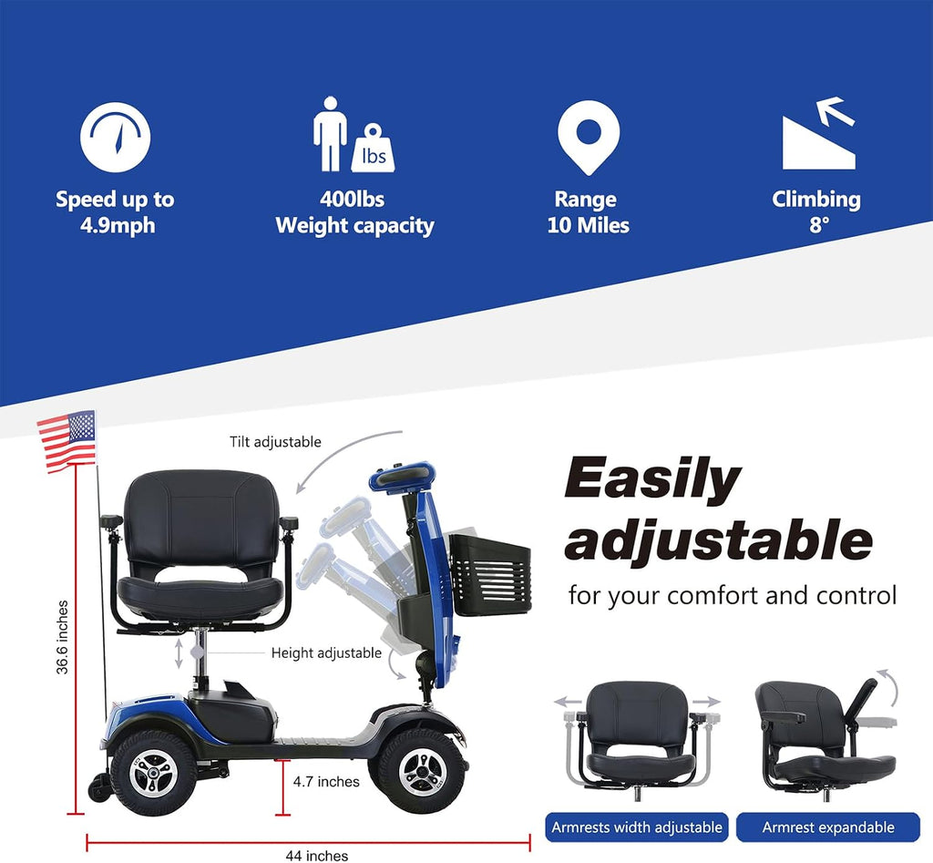 Mobility Scooters for Seniors & Adults 400 Lb Weight All Terrain,Heavy Duty 4 Wheel Foldable Powered Scooter,Portable Disability Mobile Electric Wheelchair,Luxury Seat and w/Led Lights,Blue